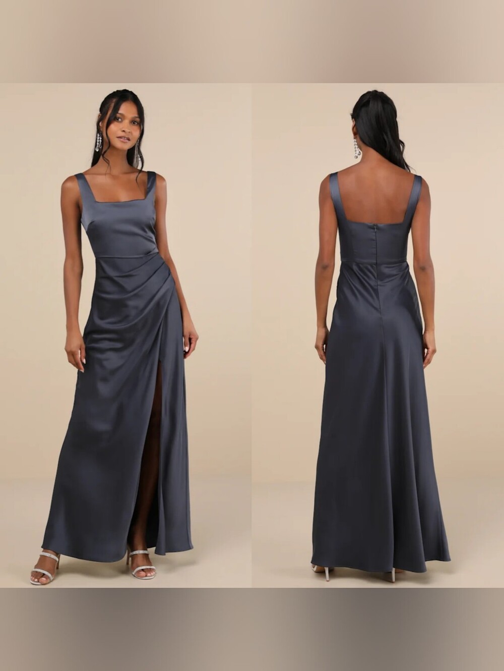 Lulus Red Carpet Romance Dark Grey Satin Square Neck Maxi Dress S Wedding Party